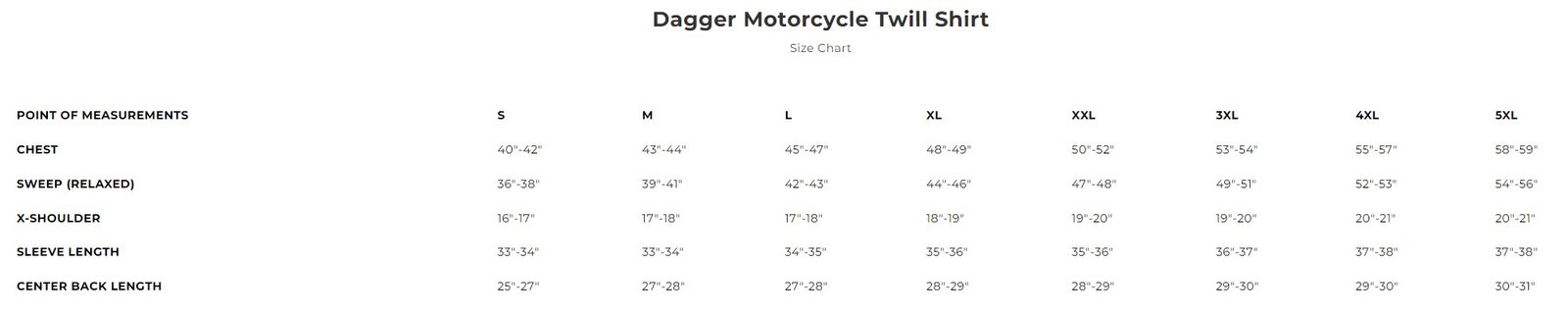 Size chart for men's twill motorcycle shirt.