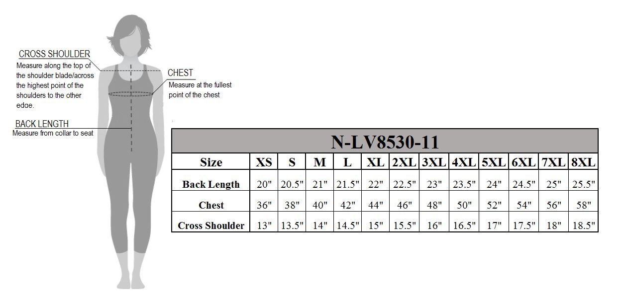 Size chart for women's leather motorcycle vest.