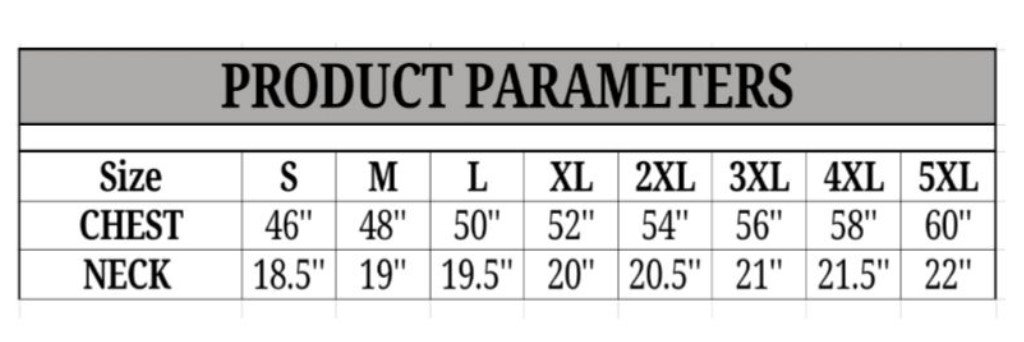 Size chart for men's black and orange motorcycle mechanic shirt.
