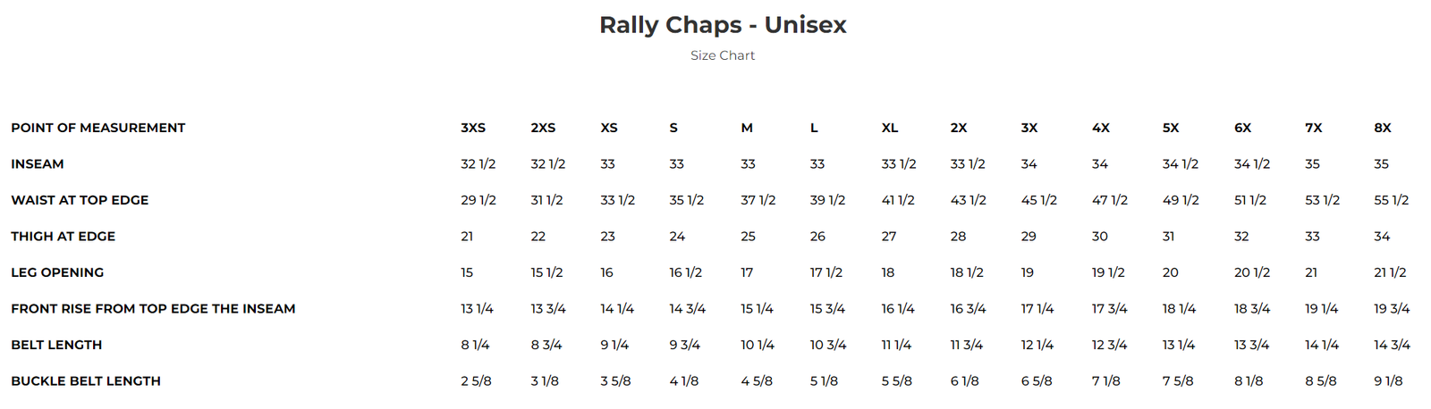 Size chart for Rally leather chaps.