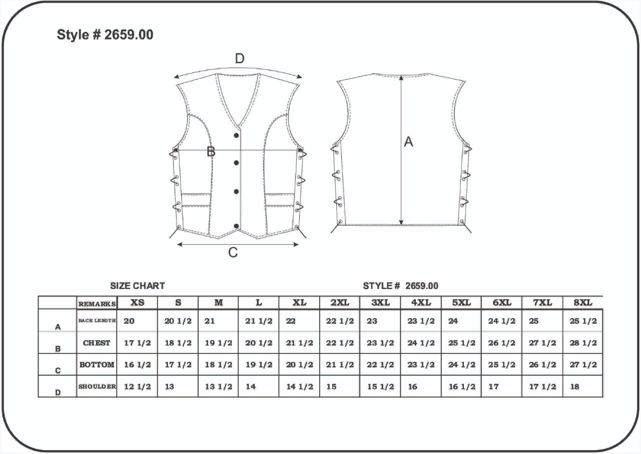 Size chart for women's leather motorcycle vest.