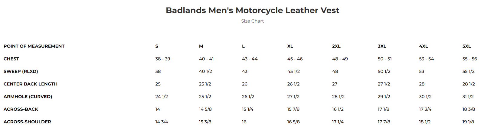 Size chart for men's leather vest.