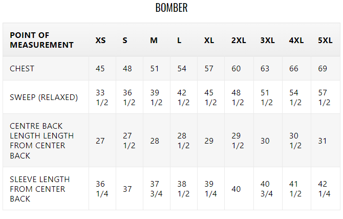 Size chart for men's Bomber brown leather jacket with faux shearling collar.