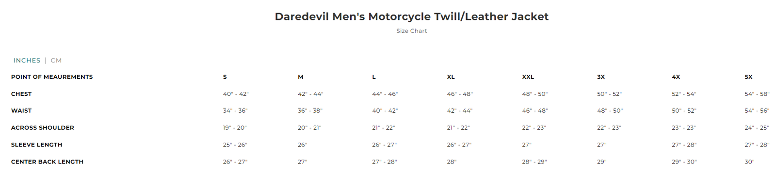 Size chart for the Daredevil men's twill and leather biker jacket.