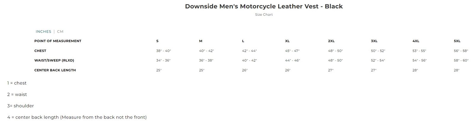 Size chart for men's Downside leather motorcycle vest.