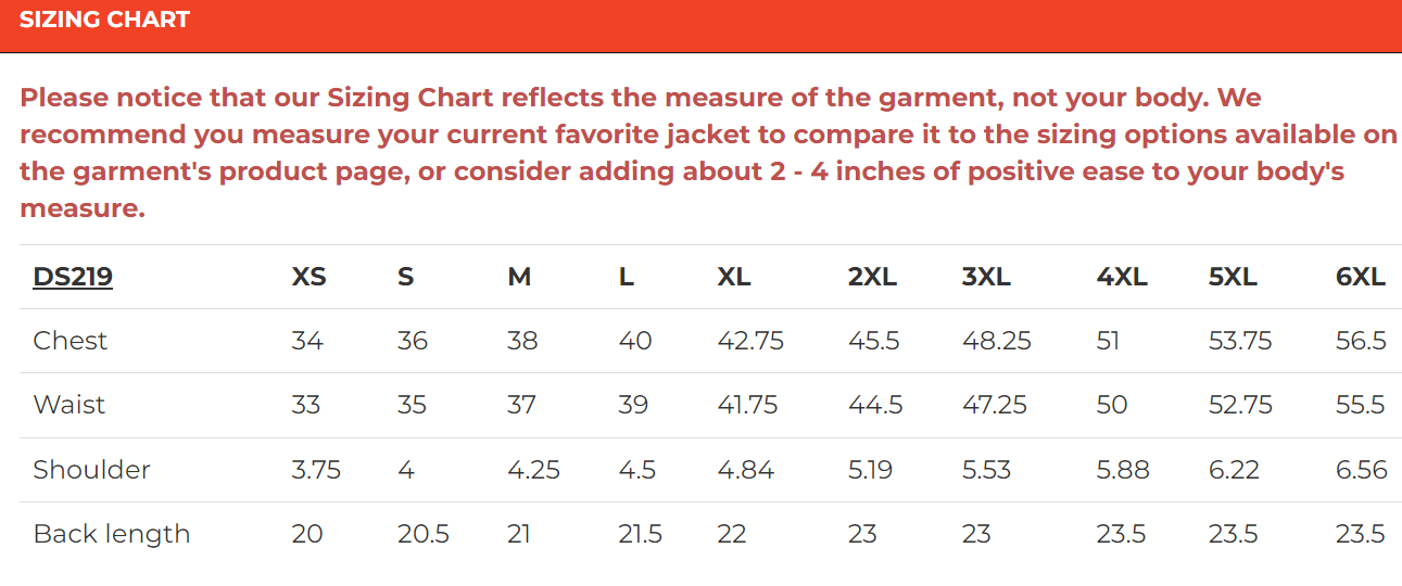 Size chart for women's leather motorcycle vest.