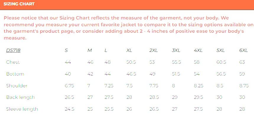 Size chart for men's leather scooter jacket.