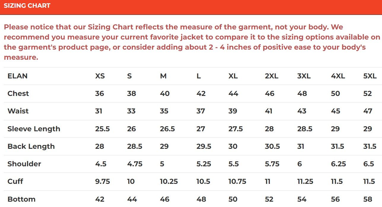 Size chart for Elan, women's leather jacket.