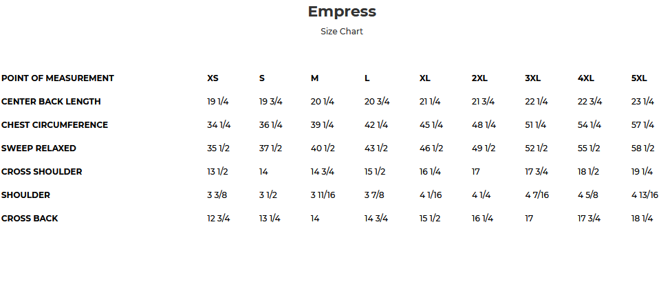 Size chart for Empress women's leather motorcycle vest.