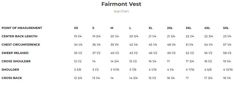 Size chart for Fairmont women's leather motorcycle vest.