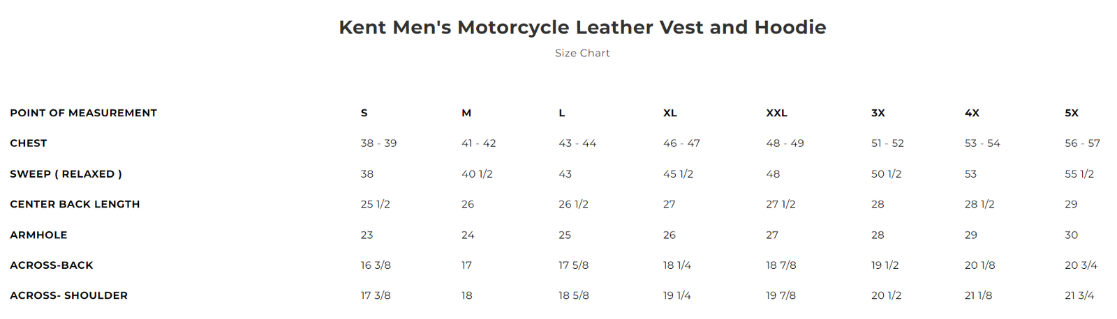 Size chart for Kent, men's leather vest with full hoodie.