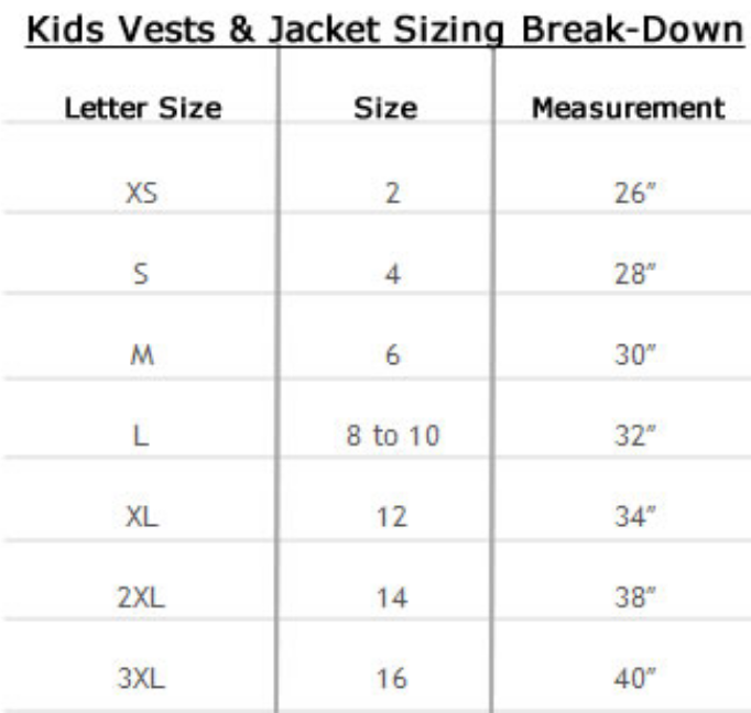 Size chart for kid's teen's leather biker jacket.