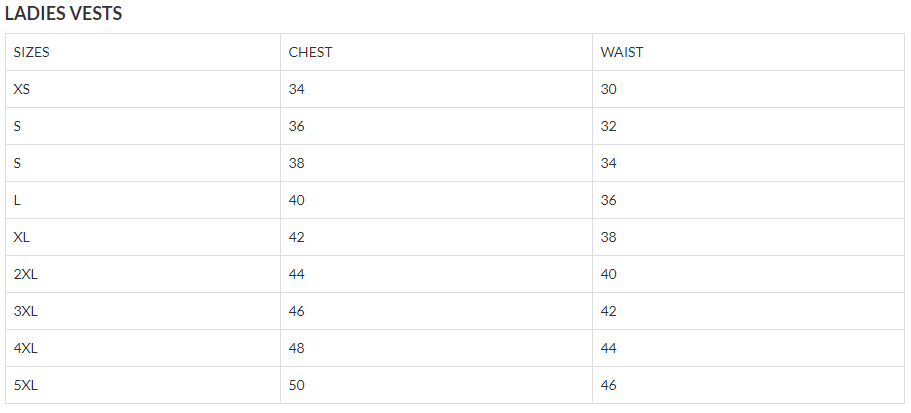 Size chart for women's leather motorcycle vest with fringe