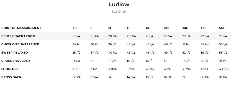 Size chart for Ludlow women's black denim motorcycle vest.