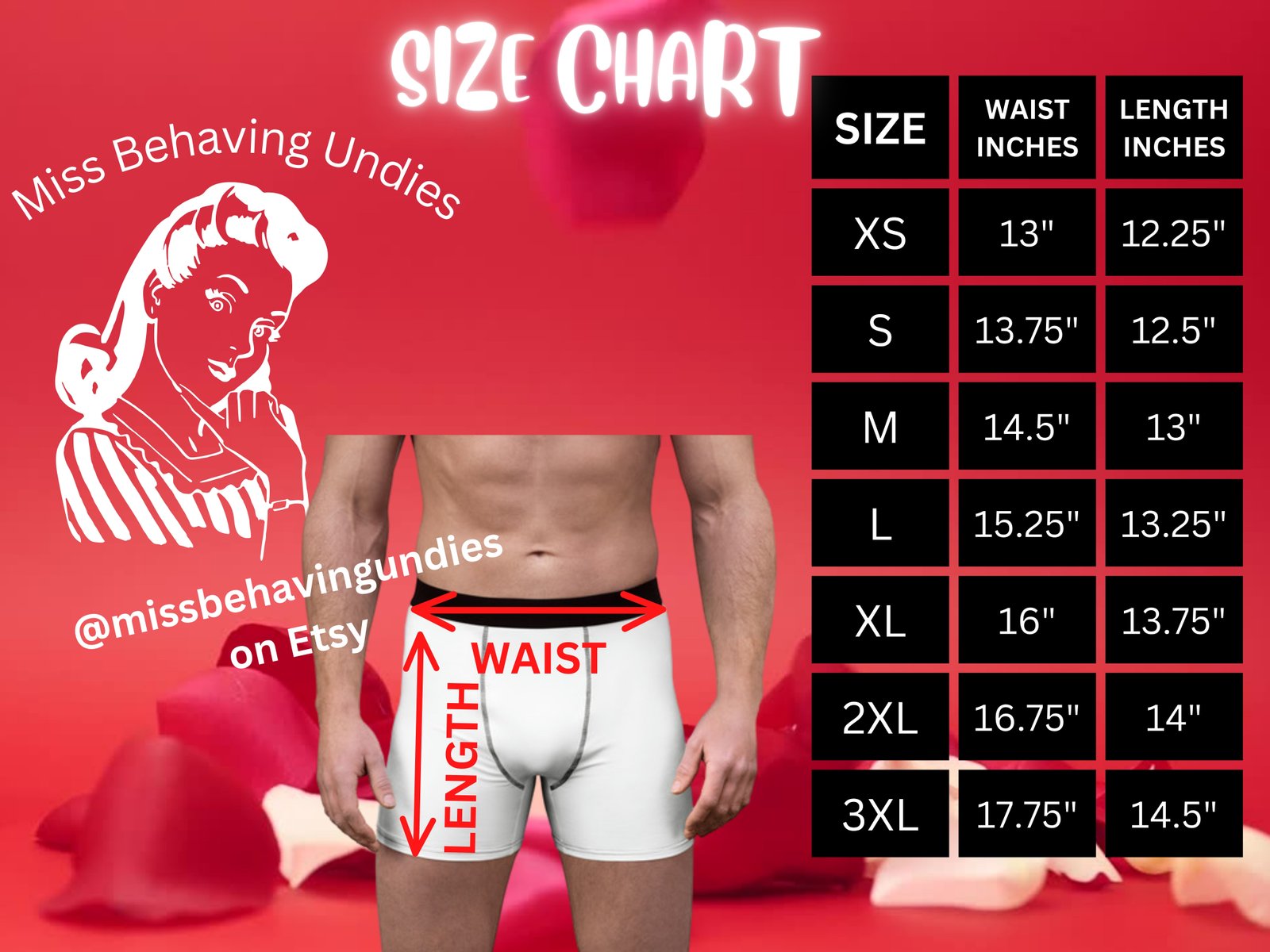 Size chart for men's personalized face briefs.