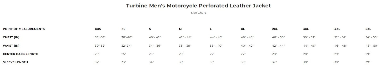 Size chart for men's leather motorcycle jacket.