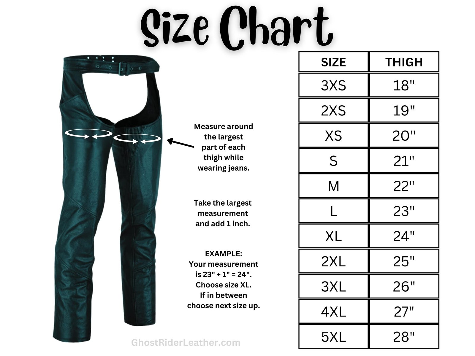 Size chart for women's leather motorcycle chaps.