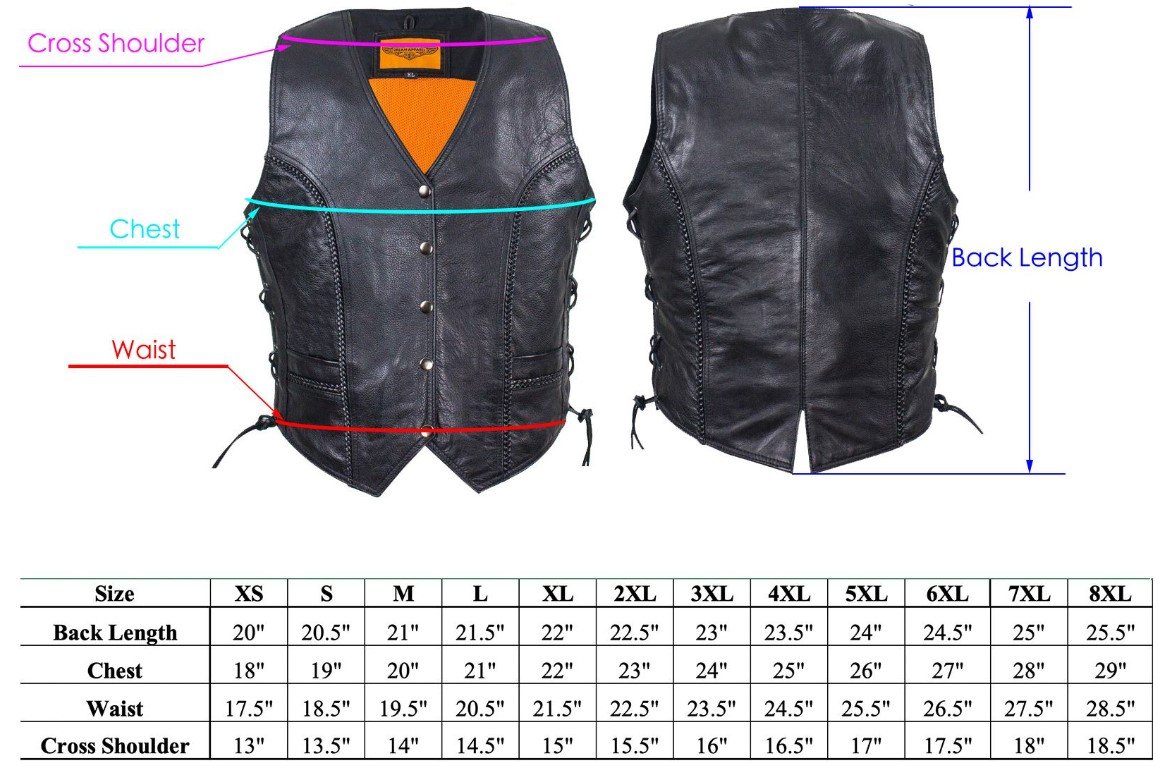 Size chart for women's longer leather motorcycle vest.