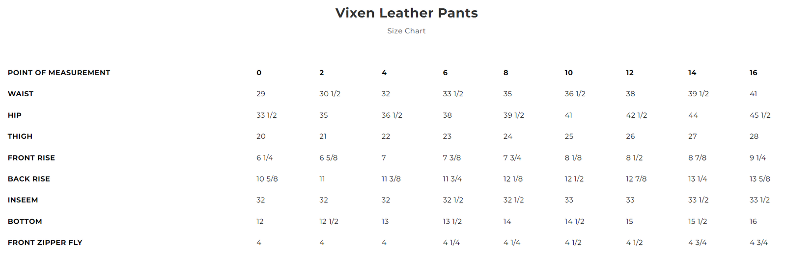 Size chart for Vixen women's leather motorcycle pants.