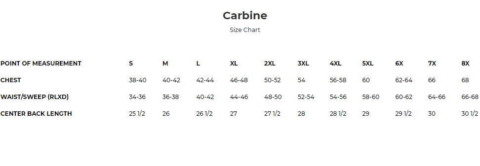 Size chart for Carbine men's leather western motorcycle vest.