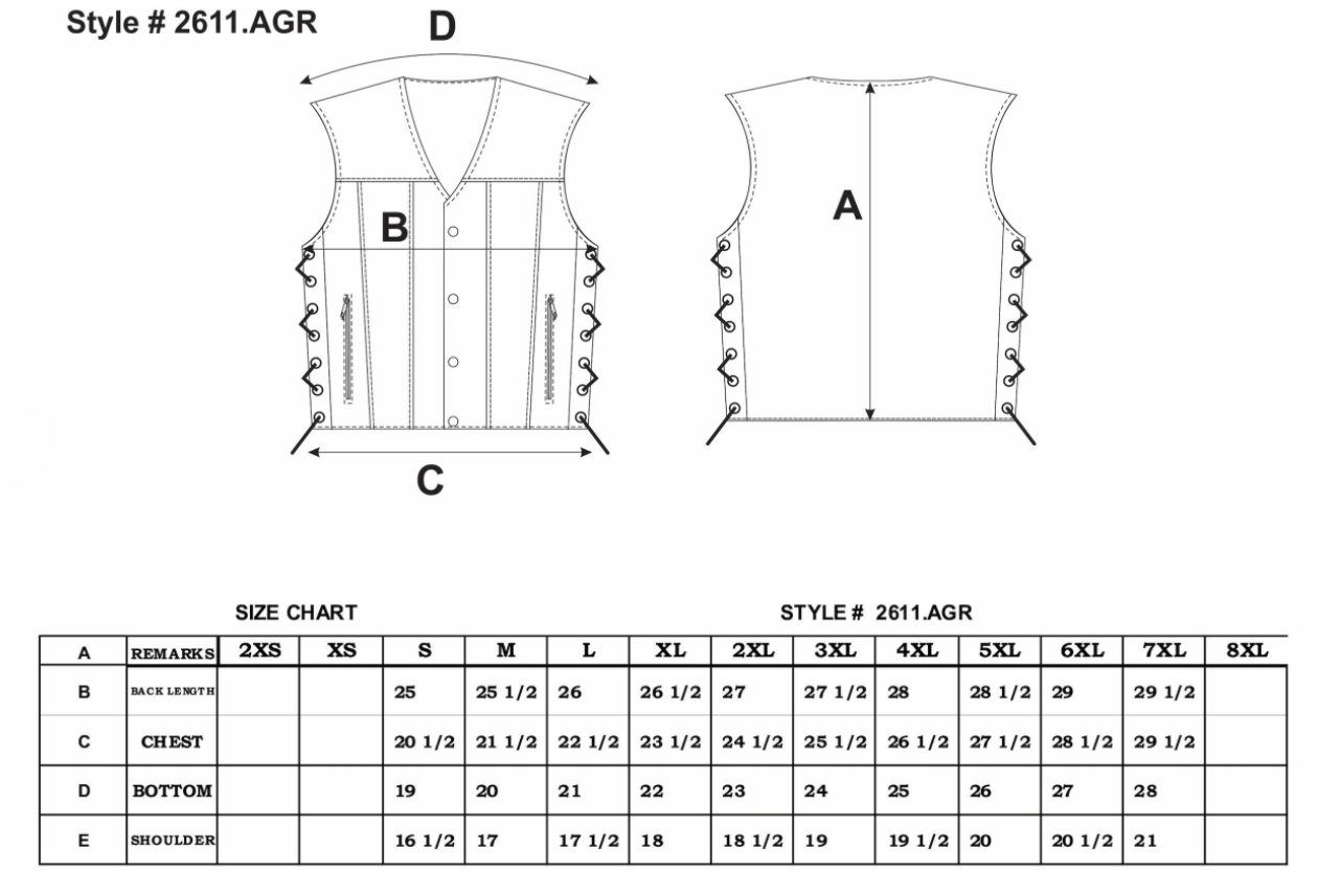 Size chart for men's leather motorcycle vest.