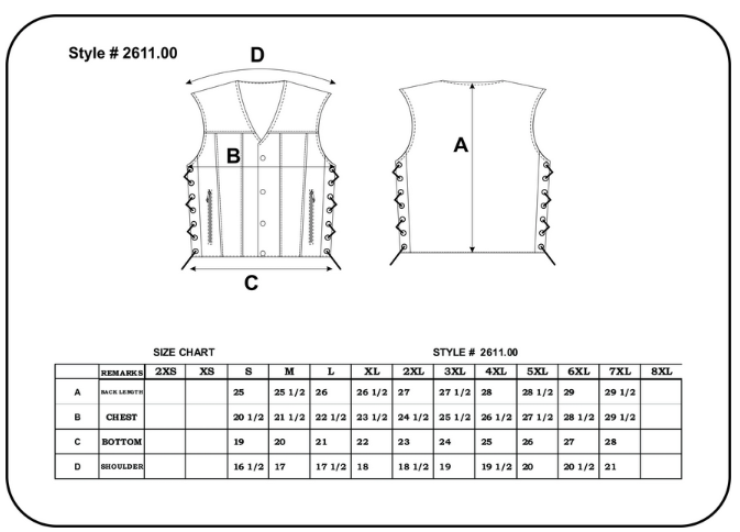 Size chart for men's gray leather motorcycle vest.