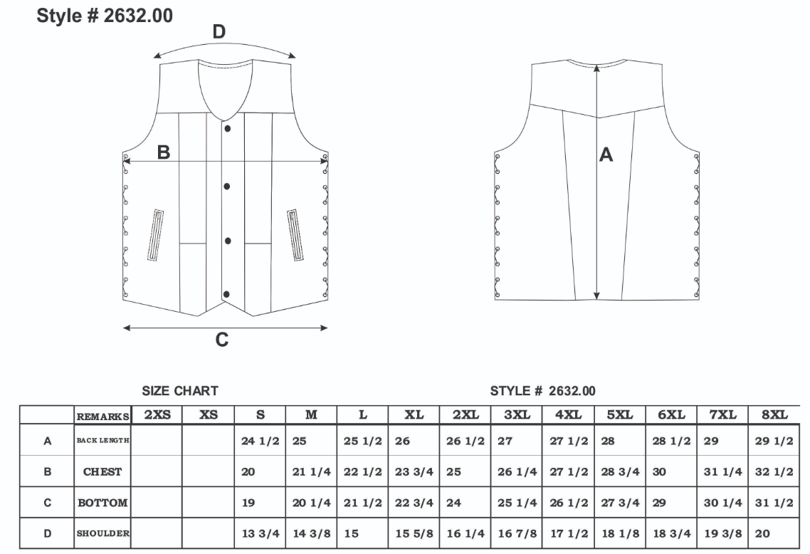 Size chart for men's ten pocket leather vest.