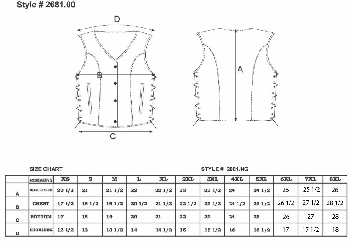 Size chart for women's leather motorcycle vest.