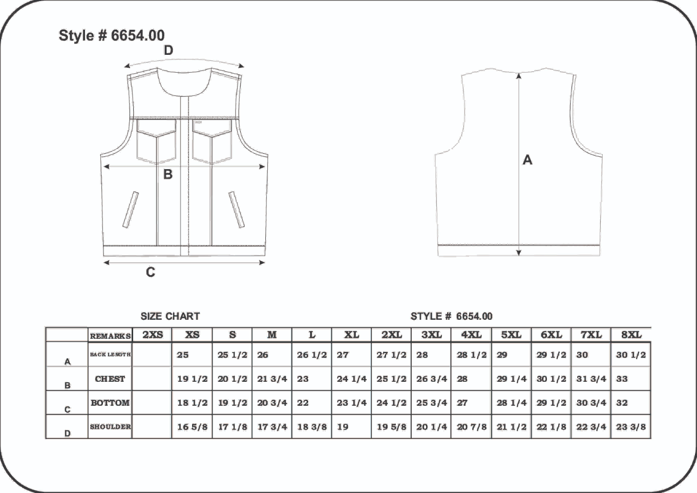 Size chart for men's leather motorcycle vest.