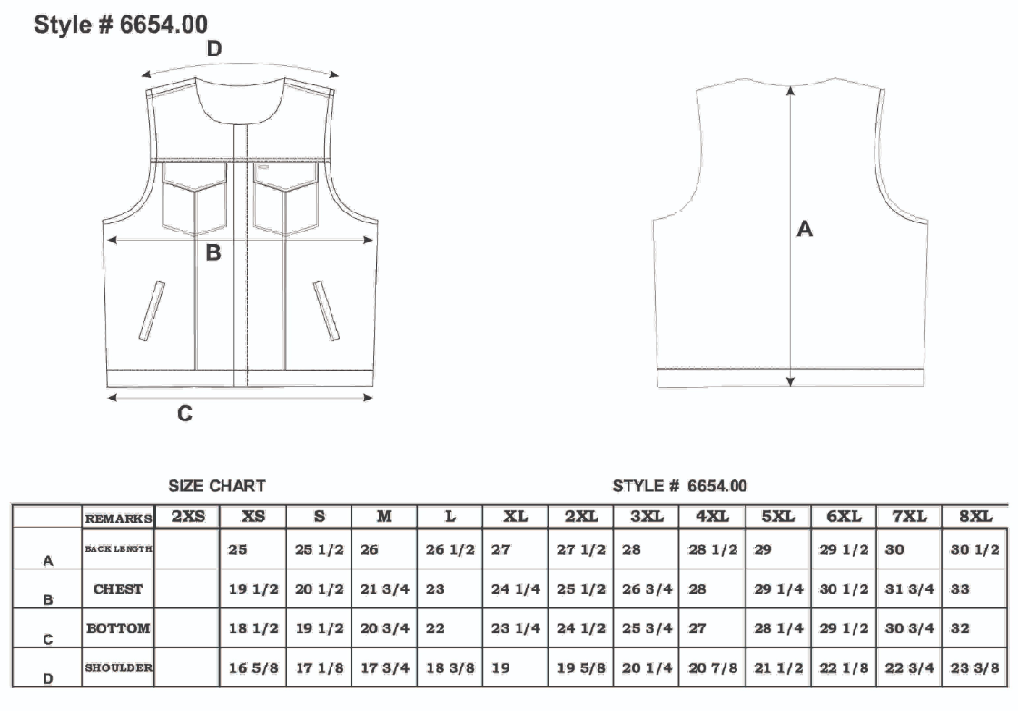 Size chart for men's leather motorcycle vest.