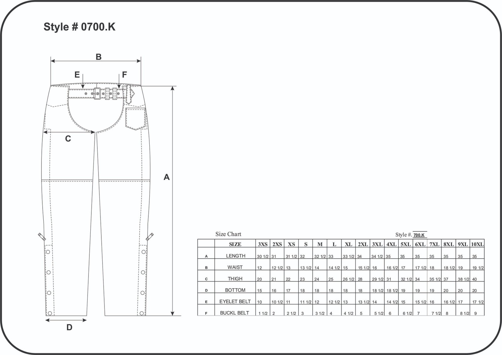 Size chart for unisex black leather motorcycle chaps with braid design.