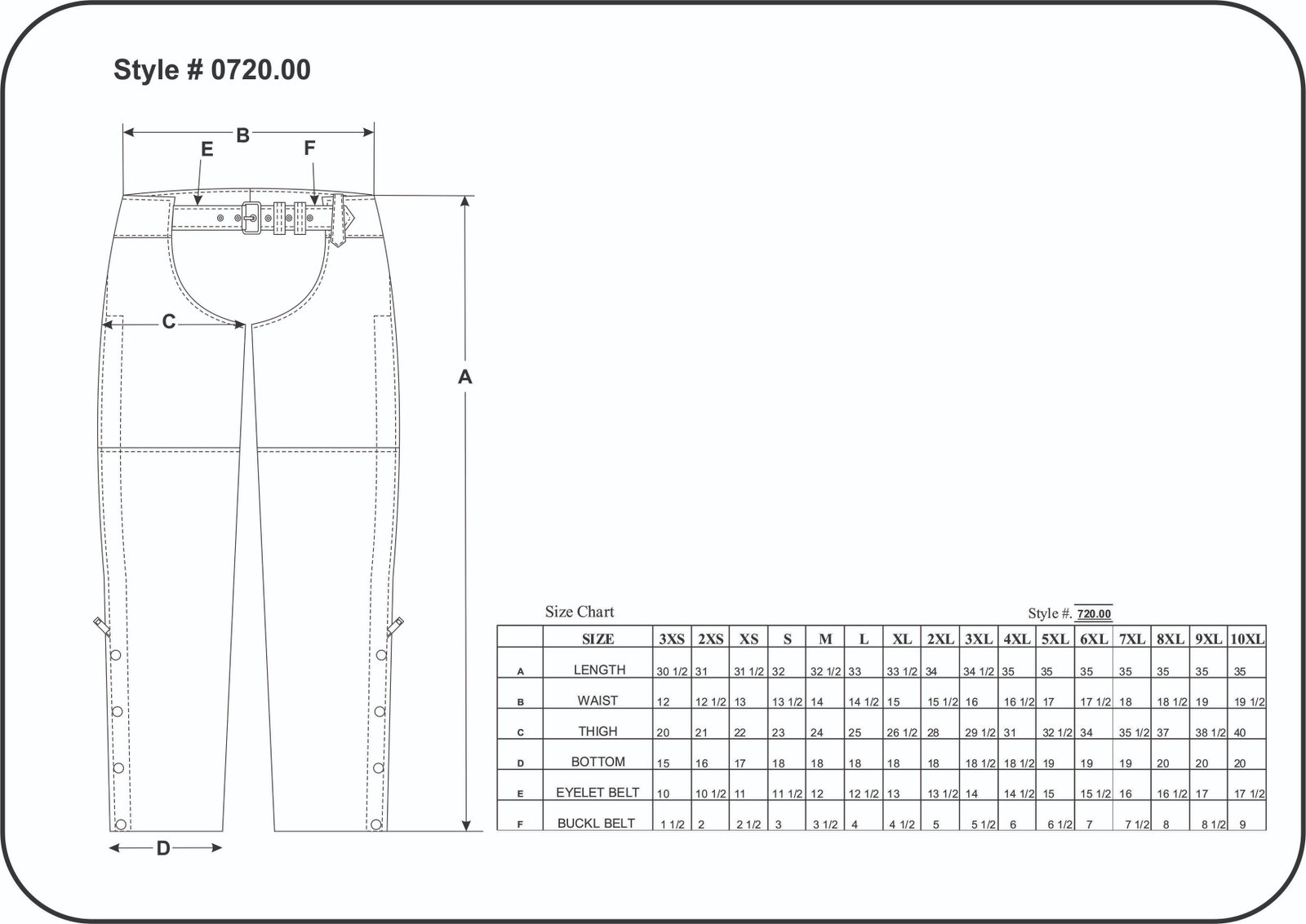 Size chart for men's women's unisex leather motorcycle chaps from Unik.
