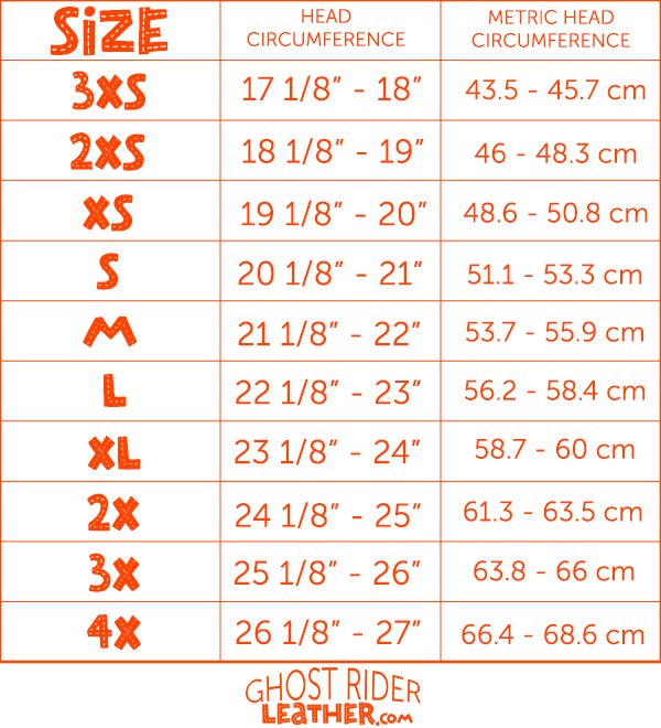 Size chart for DH motorcycle helmets.
