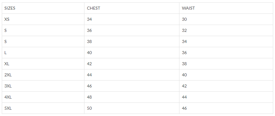 Size chart for AL women's biker vests