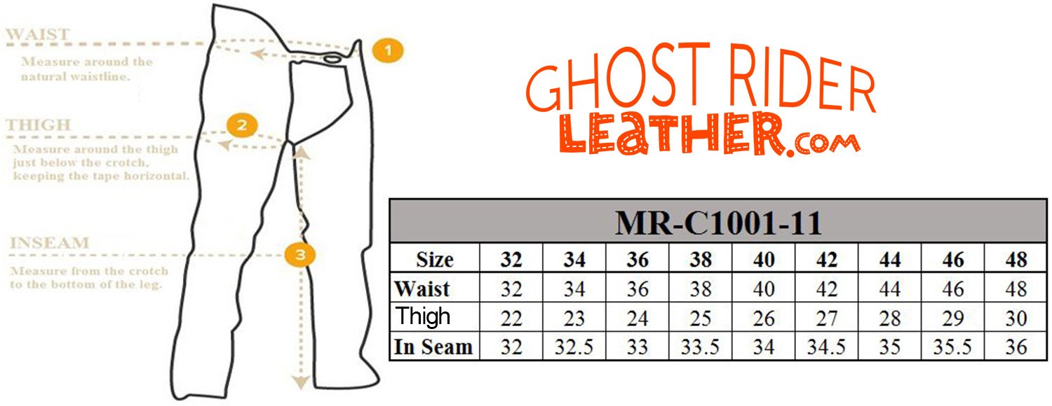 Size chart for men's leather motorcycle chap pants.