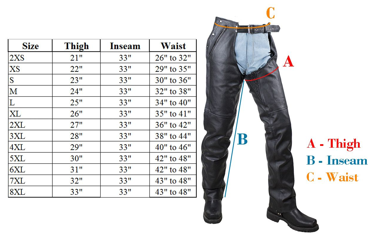 Size chart for men's leather chaps.