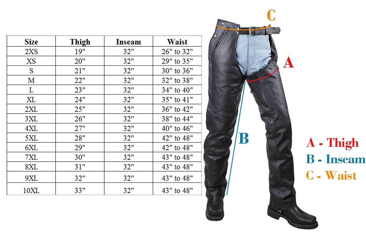 Size chart for men's and women's leather motorcycle chaps.