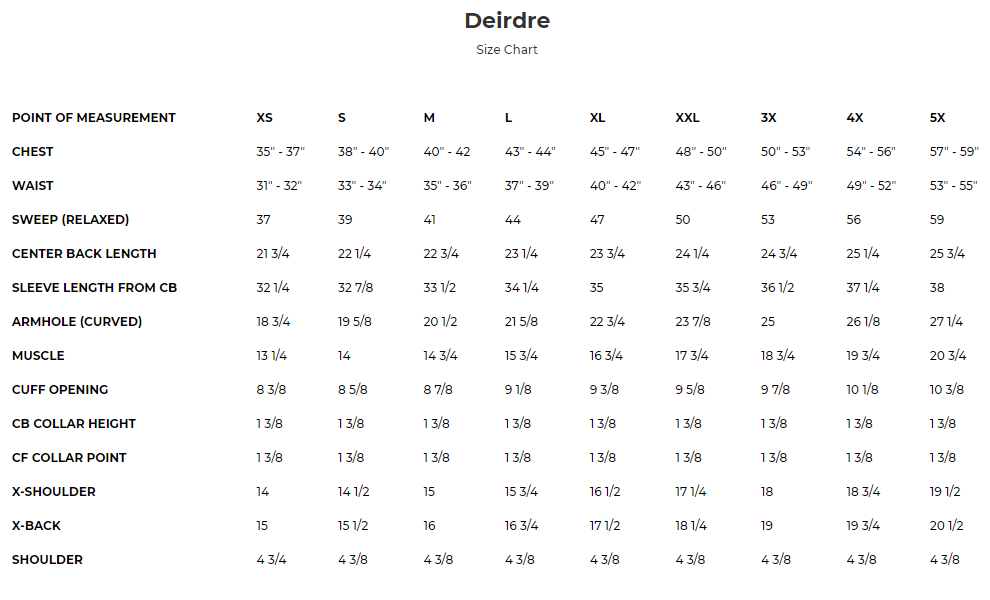 Size chart for women's silver leather motorcycle jacket, the Deirdre.