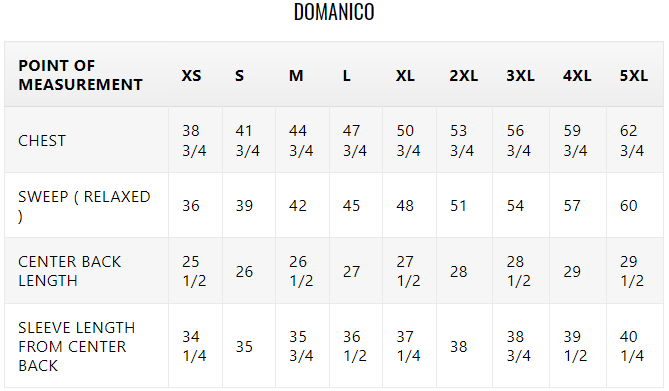 Size chart for Domanico men's fashion leather jacket.