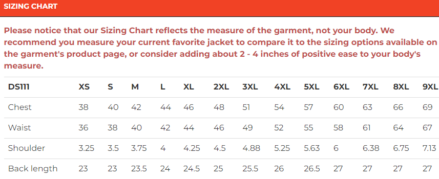 Size chart for men's leather motorcycle vest.