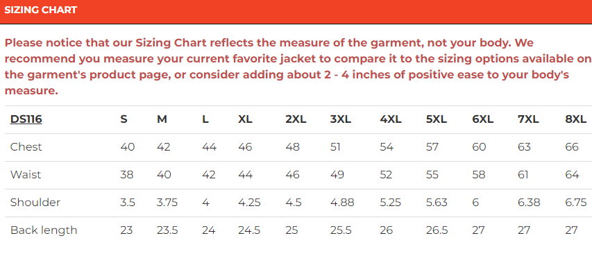 Size chart for men's leather motorcycle vest with buffalo nickel snaps.