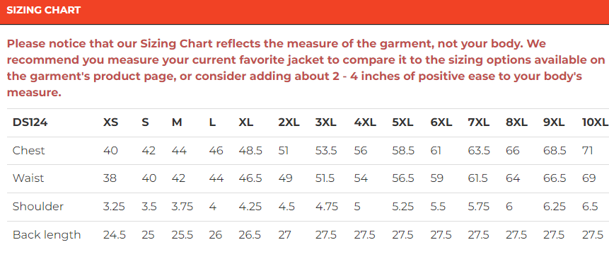 Size chart for men's leather motorcycle vest.