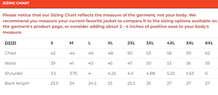 Size chart for men's braided leather motorcycle vest.