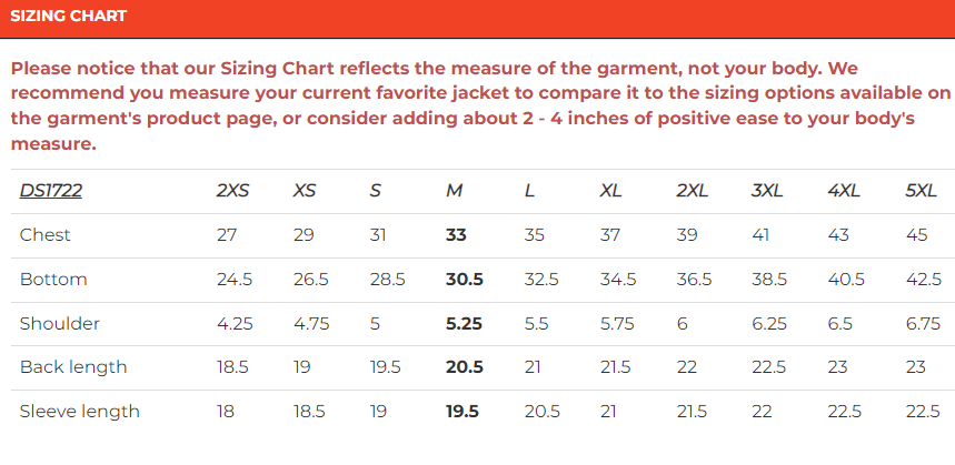 Size chart for kids and teens leather motorcycle jacket.
