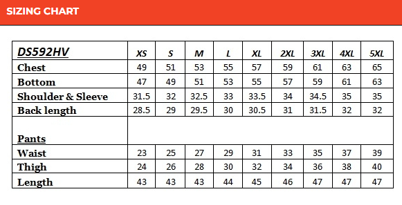 Size chart for men's hi viz yellow and black motorcycle rain suit.