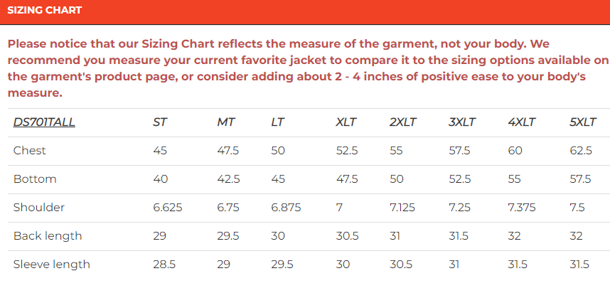 Size chart for men's tall leather motorcycle jacket.