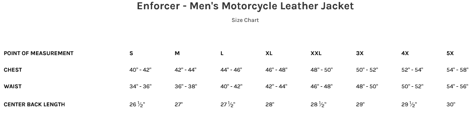 Size Chart for Enforcer Men's Leather Motorcycle Jacket