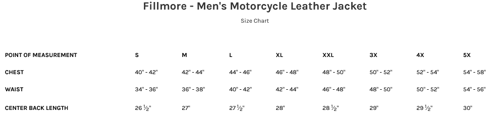 Size Chart for the Fillmore Black Leather Motorcycle Jacket for Men.