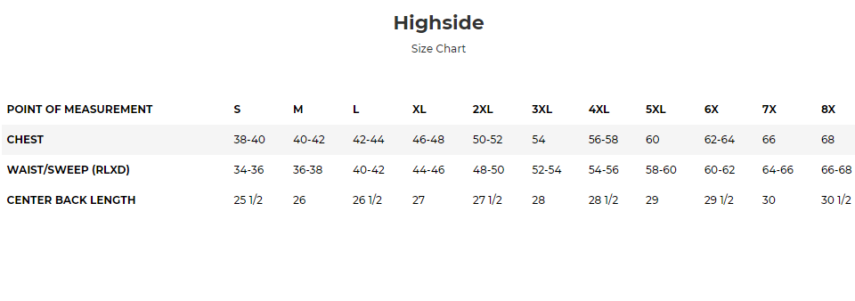 Size chart for Highside men's leather motorcycle club vest.