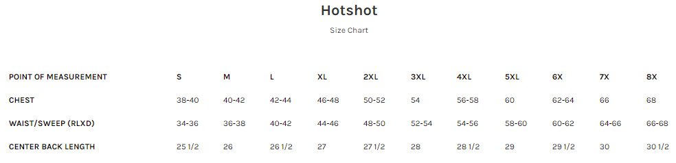 Size Chart for the Hotshot Men's Best Leather Motorcycle Vest